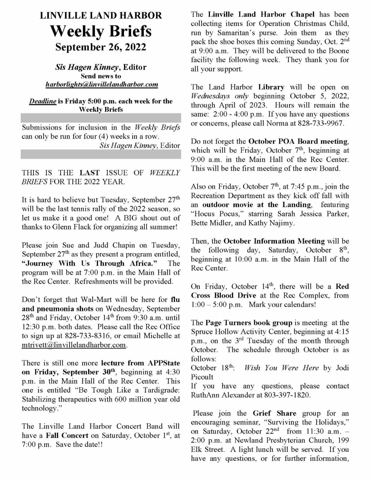 Weekly Briefs Linville Land Harbor September 26, 2022