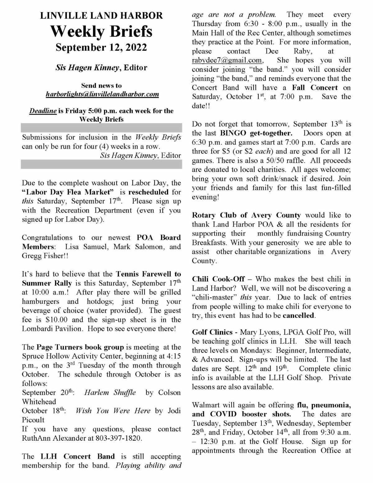 Weekly Briefs Linville Land Harbor September 12, 2022