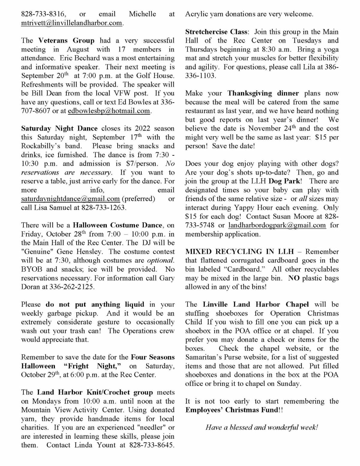 Weekly Briefs Linville Land Harbor September 12, 2022