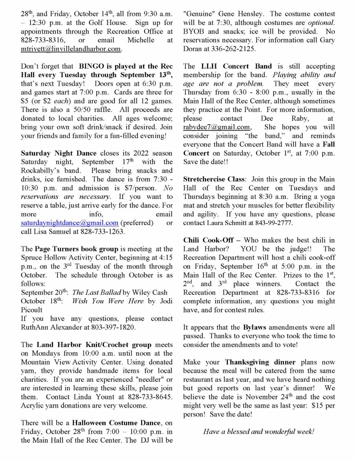 Weekly Briefs Linville Land Harbor September 6, 2022