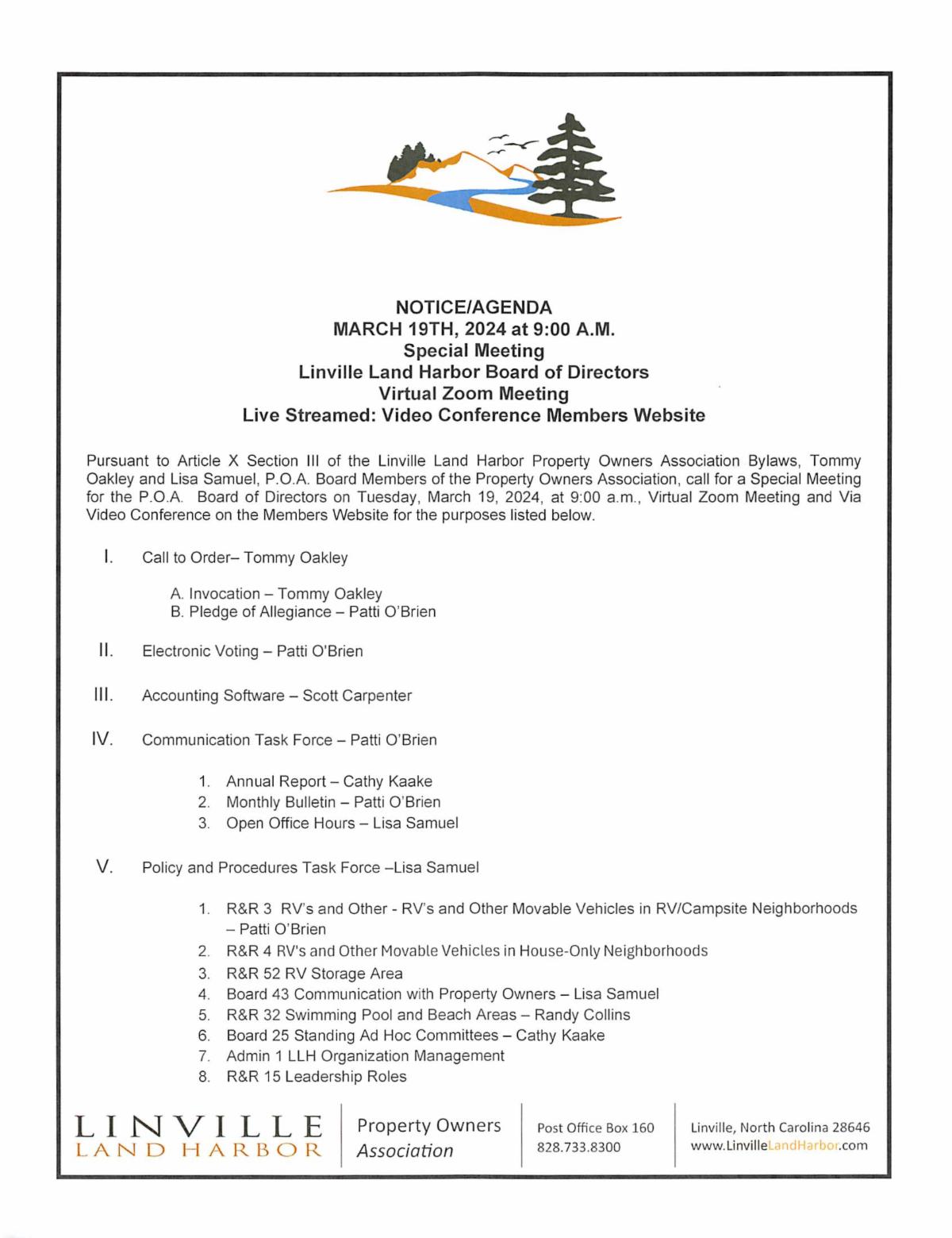SPECIAL MEETING NOTICE/AGENDA MARCH 19, 2024 AT 900 A.M.