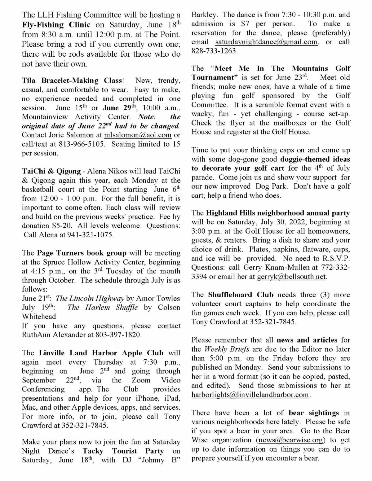 Weekly Briefs Linville Land Harbor June 6, 2022