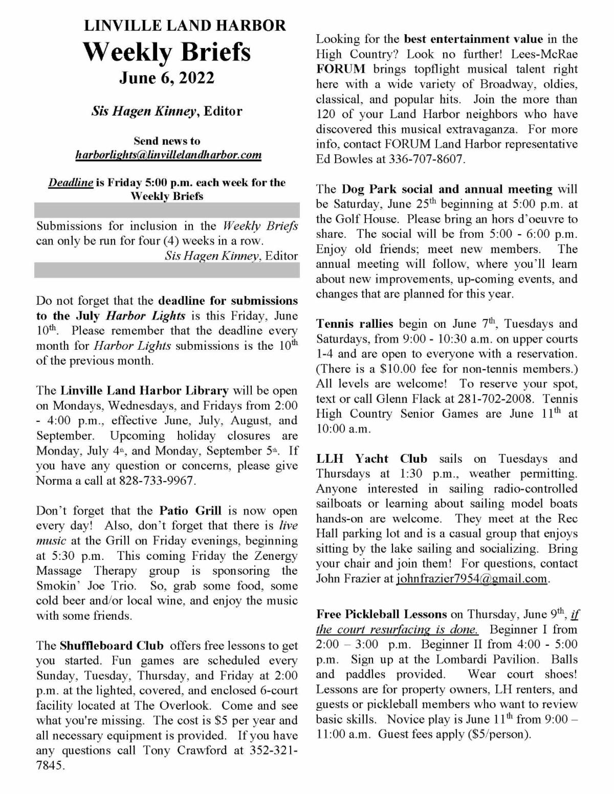 Weekly Briefs Linville Land Harbor June 6, 2022