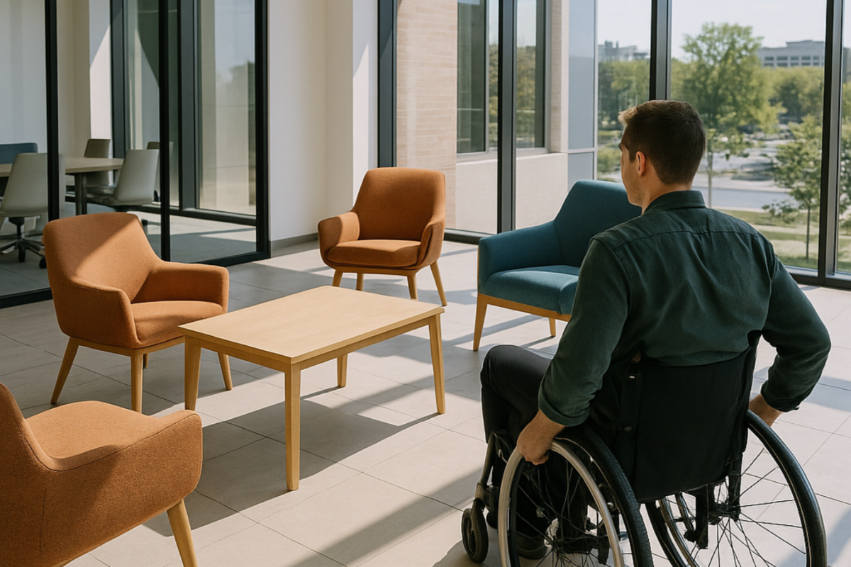 Man in wheelchair entering a waiting room with other chairs around a coffee table