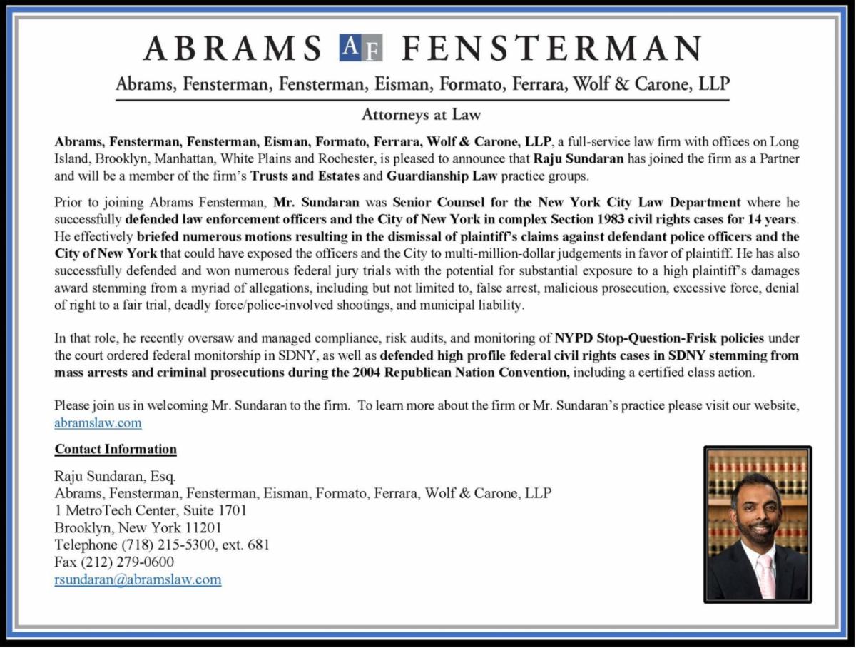 Raju Sundaran Joins Abrams Fensterman