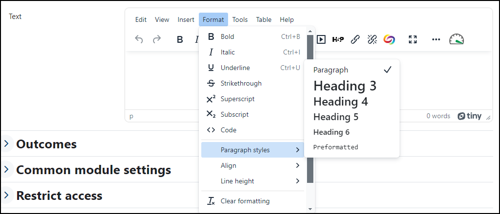 Moodle edit showing Headings start at 3