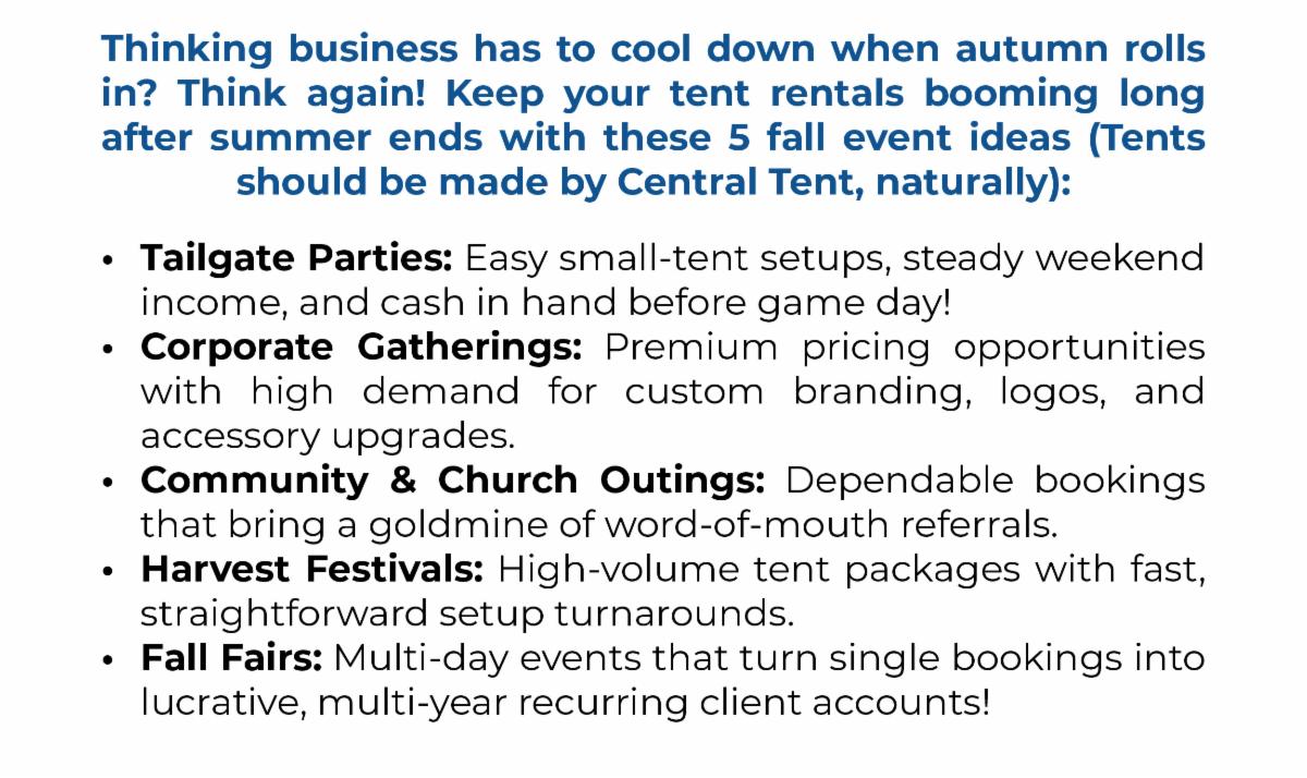 Thinking business has to cool down when autumn rolls in? Think again! Keep your tent rentals booming long after summer ends with these 5 fall event ideas (Tents should be made by Central Tent, naturally): Tailgate Parties: Easy small-tent setups, steady weekend income, and cash in hand before game day! Corporate Gatherings: Premium pricing opportunities with high demand for custom branding, logos, and accessory upgrades. Community & Church Outings: Dependable bookings that bring a goldmine of word-of-mouth referrals. Harvest Festivals: High-volume tent packages with fast, straightforward setup turnarounds. Fall Fairs: Multi-day events that turn single bookings into lucrative, multi-year recurring client accounts!