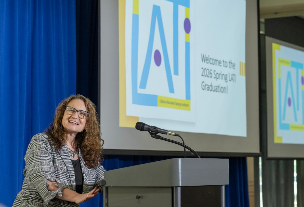 Cecil County Library Director Rachel Wright speaks at the June 2026 LATI graduation.