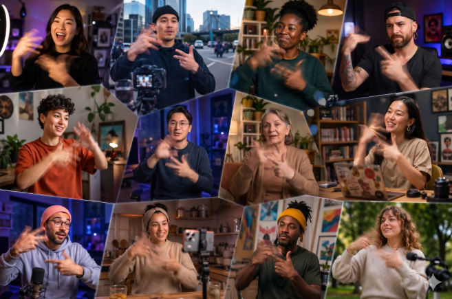 A collage of 12 people using American Sign Language.