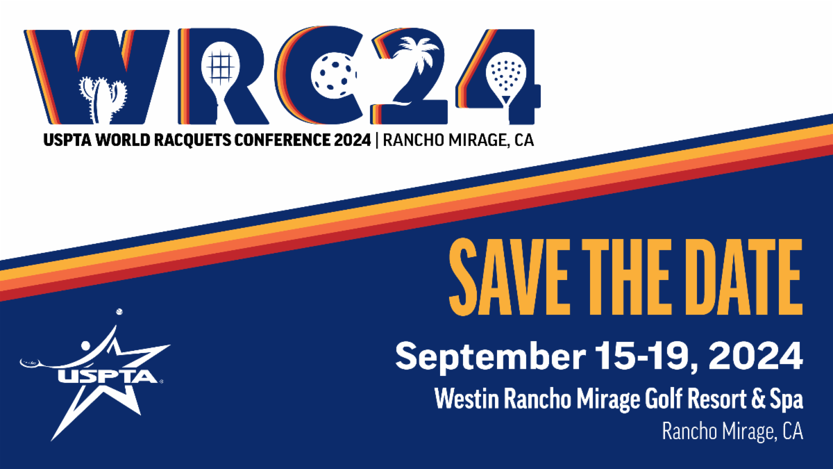 Save the Date graphic for USPTA World Conference at the Westin Rancho Mirage Golf Course and Spa, September 15 to 19, 2024.