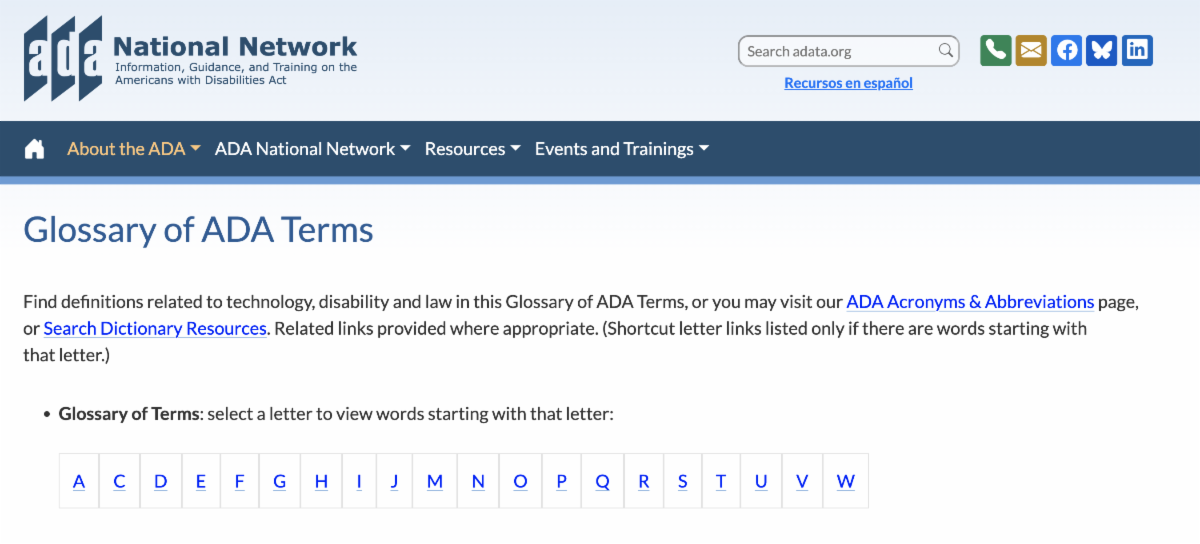Screenshot of Glossary of ADA Terms page