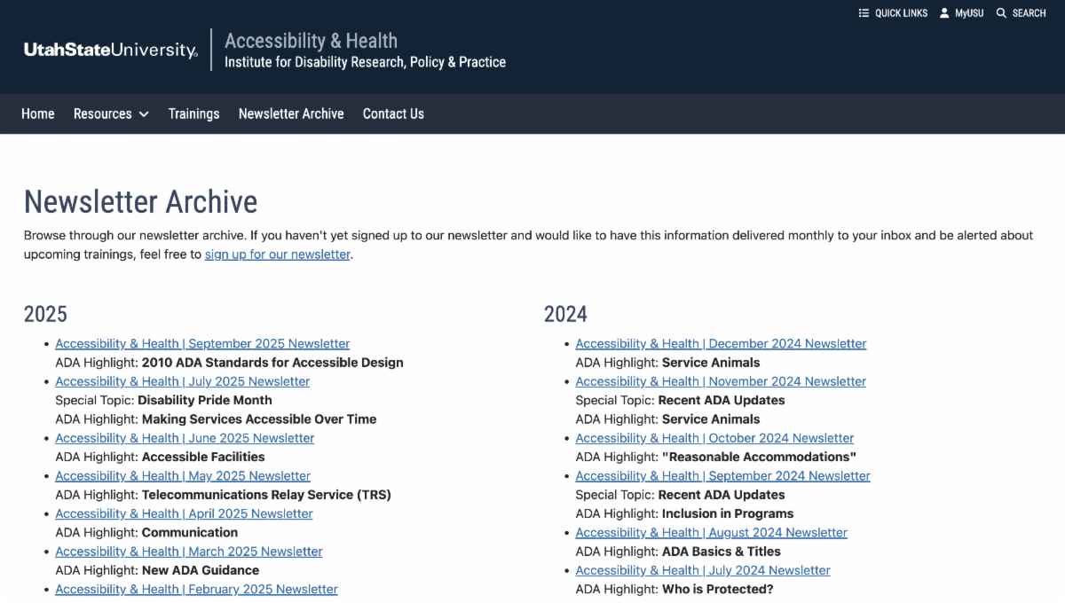 Screen view of Newsletter Archive page