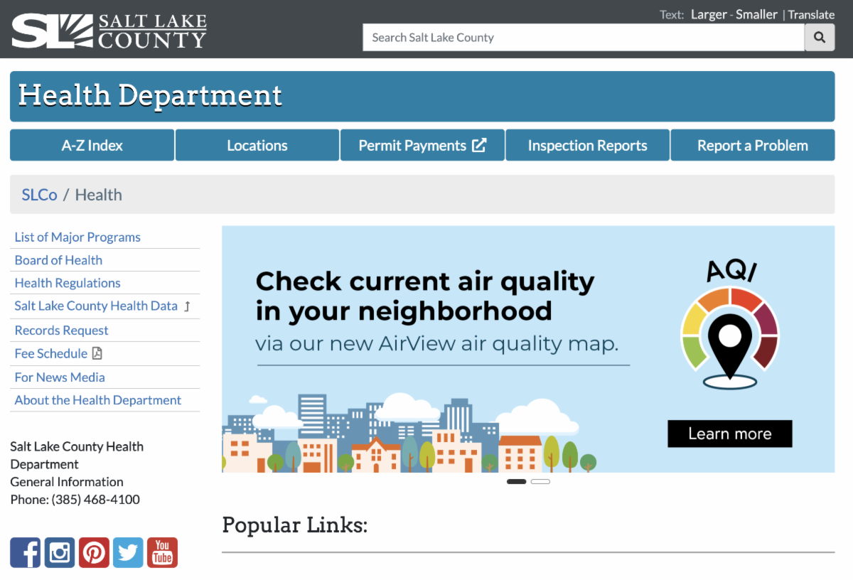 Screenshot of the Salt Lake County Health Department website.