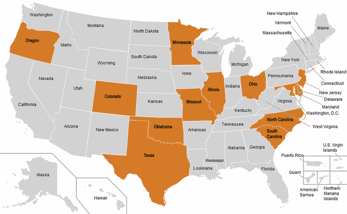 US map showing 12 highlighted states