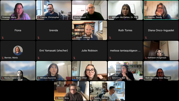 An image of a webinar with many people attending and looking at their cameras. 