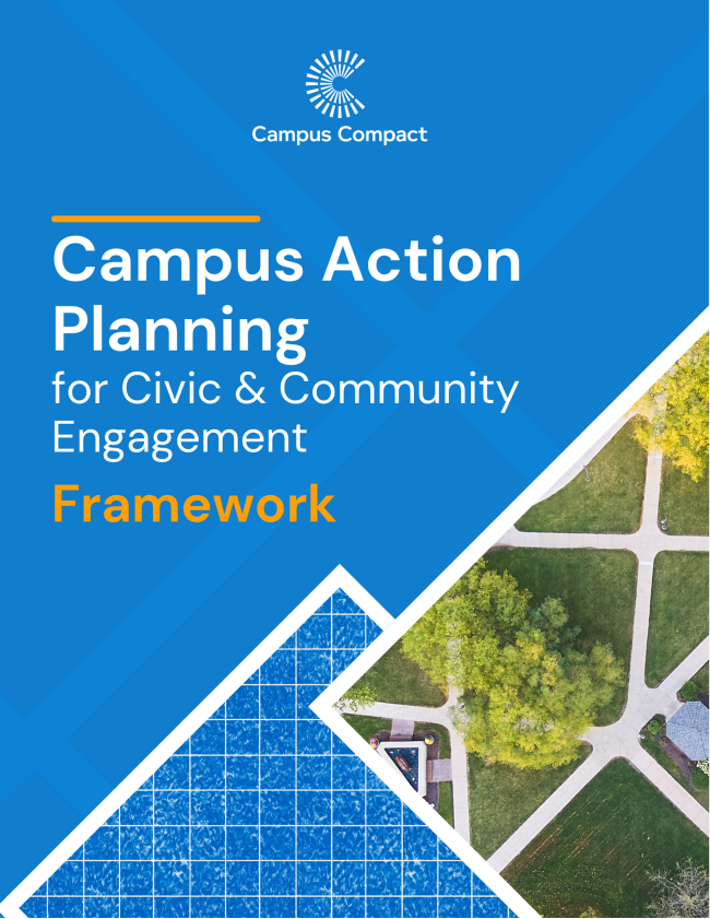Cover page of Campus Action Planning for Civic & Community Engagement Framework. It has decorations in the background.