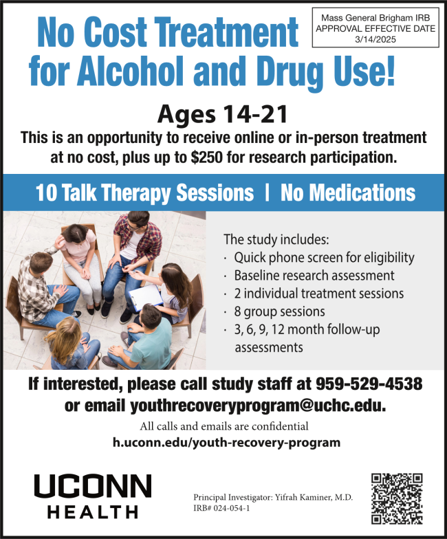 Flyer regarding free treatment for 14-21 year olds for substance abuse