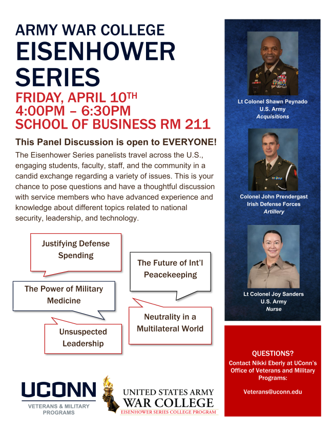 Flyer of Eisenhower Series from UConn Military programs.  It has the 3 headshots of military members. 