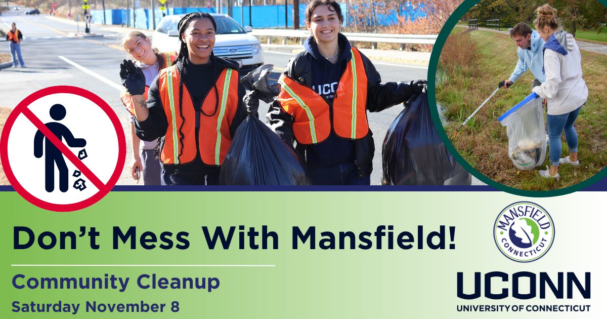 Descriptive flyer with students in the background cleaning the litter