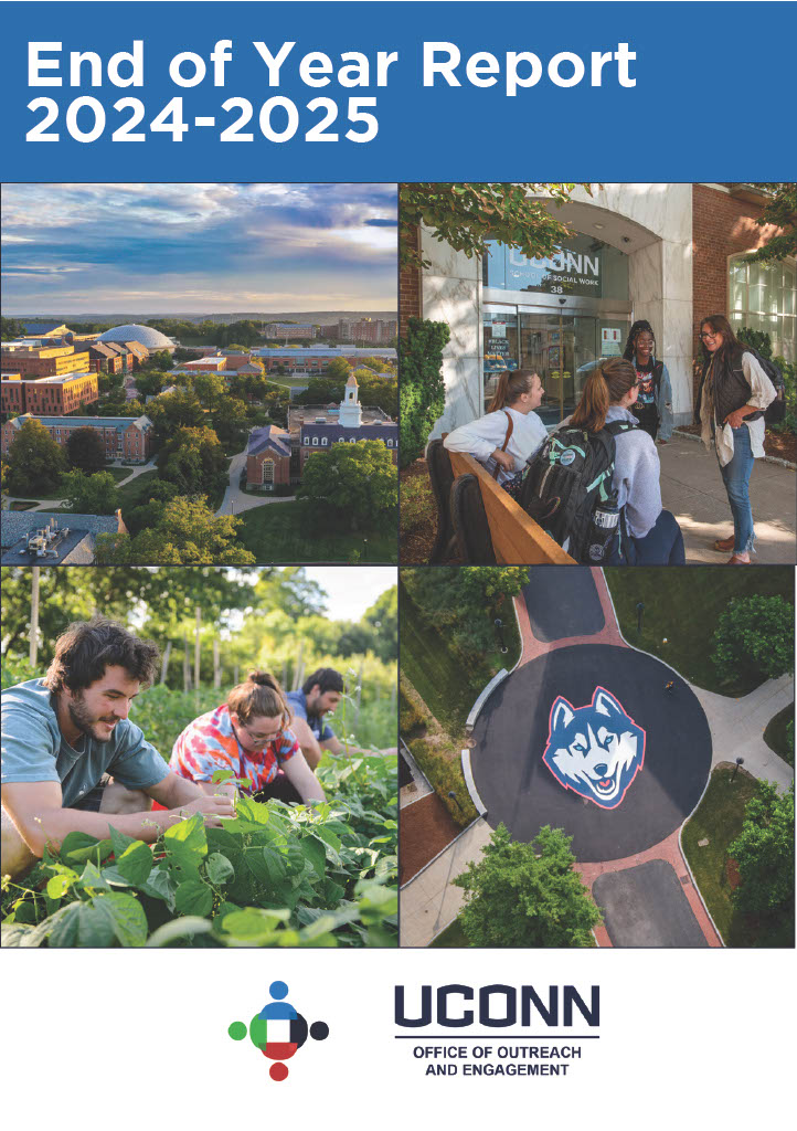 Front cover that says "End of Year Report 2024-2025" and then 4 pictures of UConn scenes.