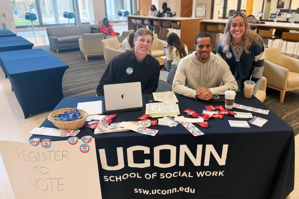 everal UConn students, in coordination with the School of Social Work’s Nancy A. Humphreys Institute for Political Social Work, host voter registration drives at the Hartford Times Building Atrium.