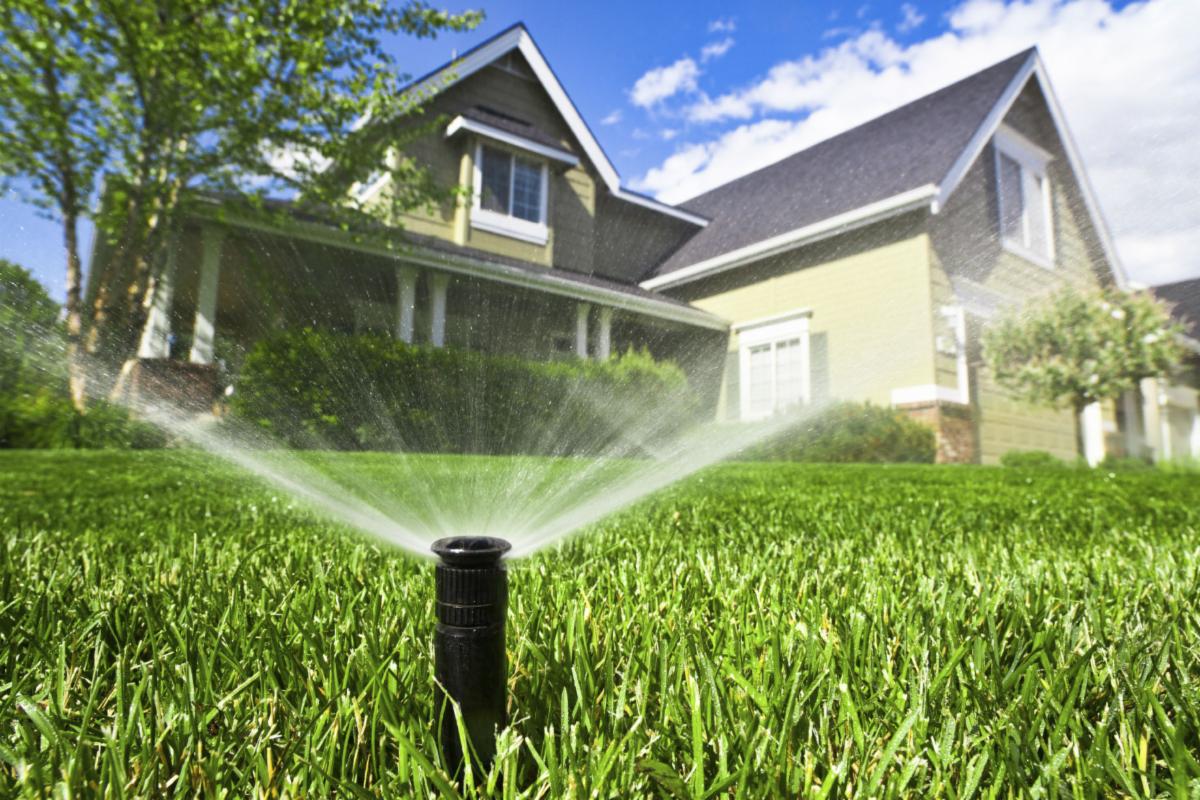 Sprinkler watering a green lawn in front of a house. 