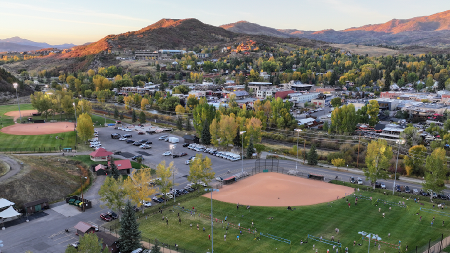 Overhead drone image of downtown Steamboat Springs at sunset. 