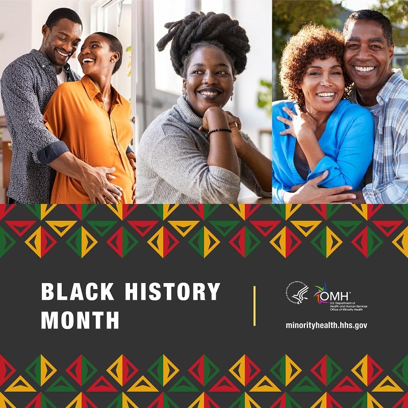 Black History Month. Three separate pictures side by side of different Black Americans smiling.