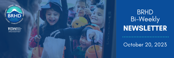 Multiple children dressed up in Halloween costumes trick or treat at a house. Text reads: BRHD Bi-Weekly Newsletter. October 20, 2023.