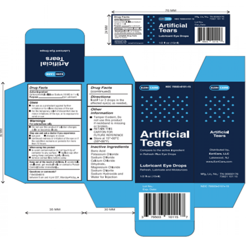 Brand packaging for Ezricare Artificial Tears. Front cover is dark navy blue with light blue dots and white text. Other sides of packaging the same light blue color as dots. 