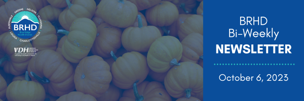 Photo of a pile of uncarved pumpkins. Text reads: BRHD Bi-Weekly Newsletter. October 6, 2023. 