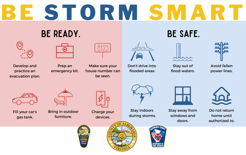 Be Storm Smart. Be Ready. Be Safe. Click the hyperlink to County of Albemarles Safety Bulletin for more information.
