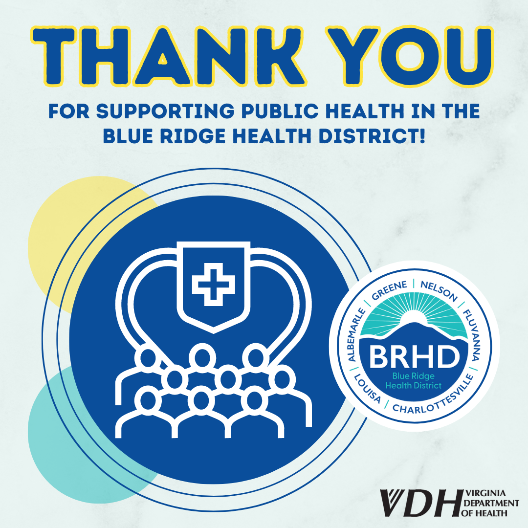 Smaller yellow & blue circles are partially covered by a large blue circle overlaid with an icon representing public health. Text reads: Thank you for supporting public health in the Blue Ridge Health District! BRHD & VDH logos sit near the bottom right.