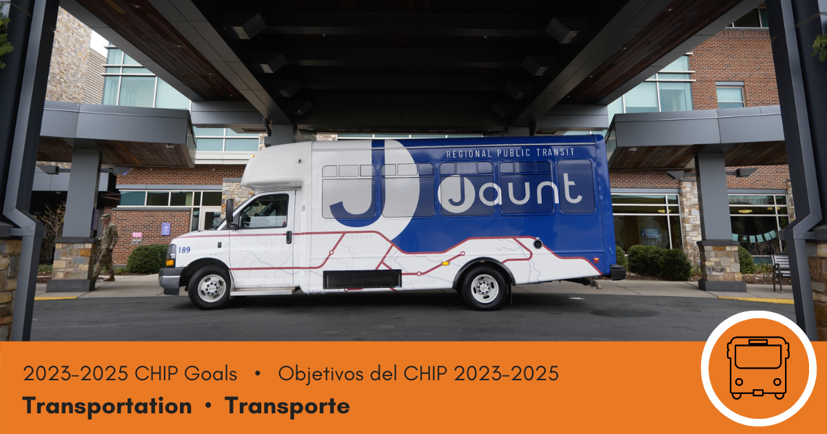 - Photo of a JAUNT bus. 2023-2025 CHIP Goals. Objetivos del CHIP 2023-2025. Transportation. Transporte.