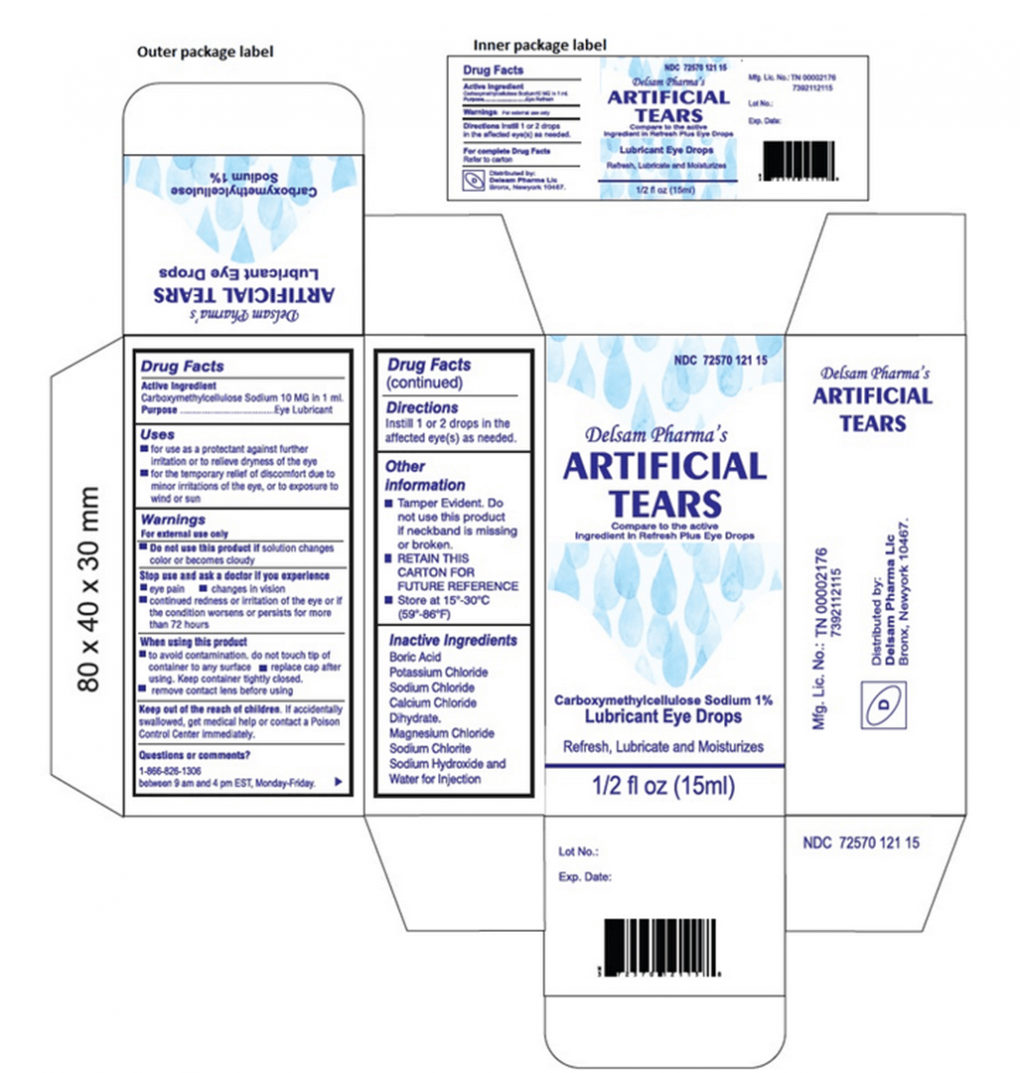 Brand packaging for Delsam Pharma Artificial Tears. Background for entire packaging is white. Light blue semi-transparent tears frame the product title. Text is indigo colored.