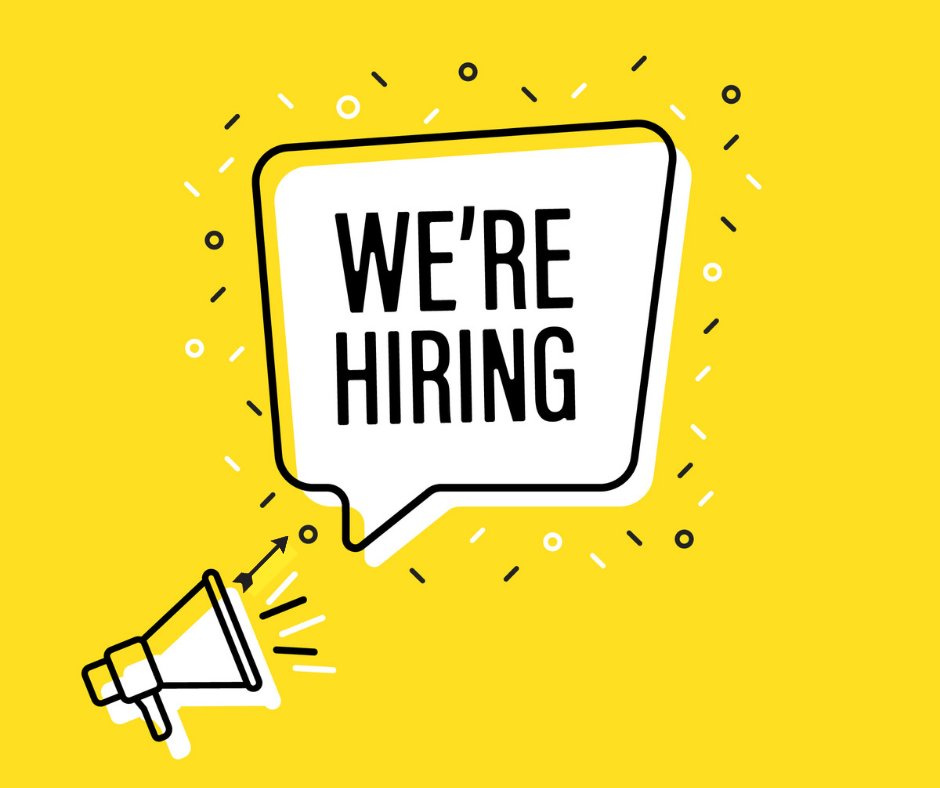 White speech bubble with text reading: We're Hiring!
