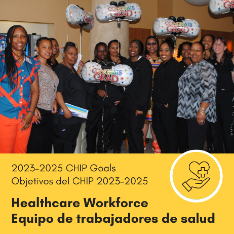 Group photo of nurses of color holding balloons and smiling. Text underneath reads: 2023-2025 CHIP Goals. Healthcare Workforce. Objetivos del CHIP 2023-2025. Equipo de trabajadores de salud.