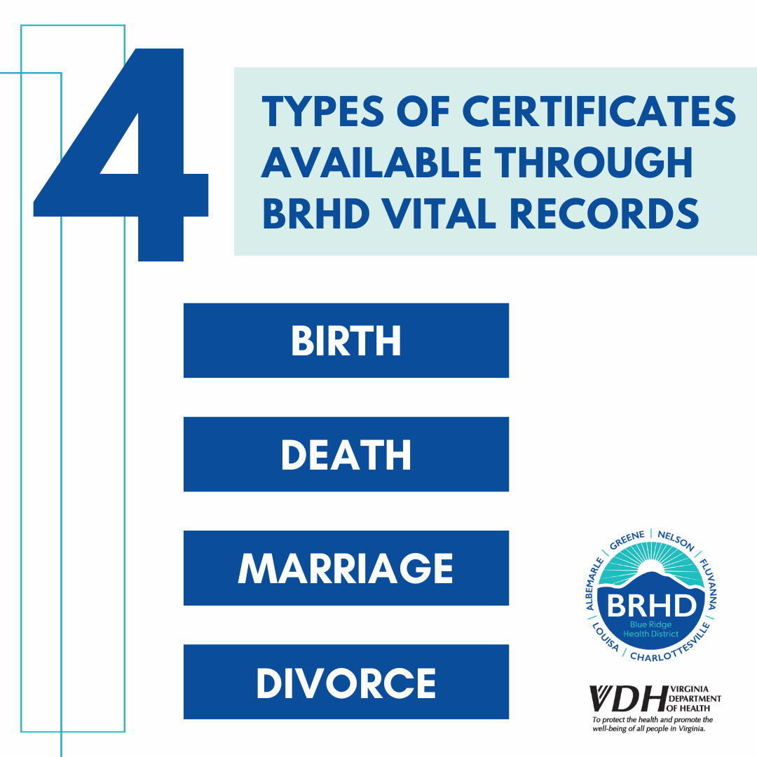 Four types of certificates available through BRHD vital records. Birth, death, marriage, and divorce. 