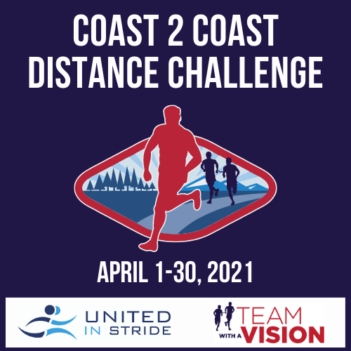 Image: Silhouette of runners, one with a guide, over an image representing coast to coast Text: Coast 2 Coast Distance Challenge April 1-30, 2021 United ins Stride and MABVI logos