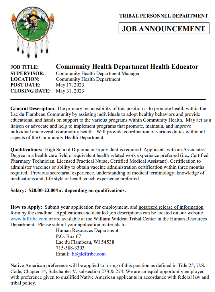 News From the Lac du Flambeau Band of Lake Superior Chippewa Indians