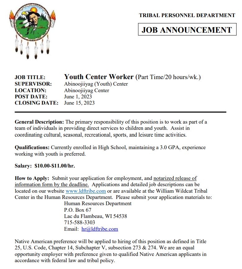 News From the Lac du Flambeau Band of Lake Superior Chippewa Indians