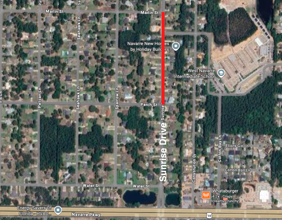 Aerial map showing closure on Sunrise Drive in Navarre between Marlin Street and Perch Street