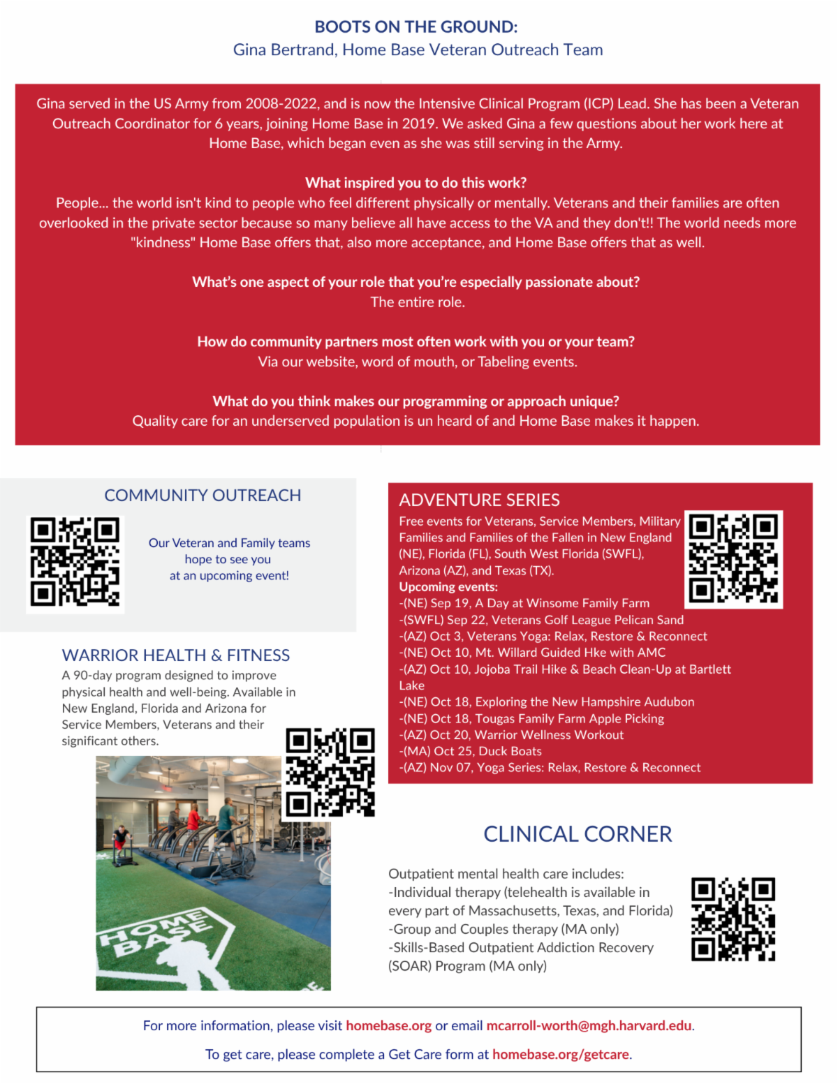 Blue and white informational flyer promoting Home Base Outreach programs for September and October 2026, featuring a photograph of the Home Base National Center of Excellence building and the Home Base Veteran and Family Care logo. Programs support veterans, service members, military families, and caregivers through creative activities, parenting education, trauma awareness, and resiliency training.  Featured programs include Weekly Art Hour, a virtual creative space held Tuesdays from 10:00–11:00 AM ET for adults 18 and older, offering stress relief, creative expression, and community connection without requiring art experience. Additional non-clinical programs include Skillful Parenting, beginning September 21; Building a Strong Home Base, beginning October 6, for parents and caregivers of children ages 0–8; Impact of Trauma, with a new session beginning winter 2027; and Open Art: Virtual Art Studio, held Tuesdays from 10:00–11:00 AM ET.  Resiliency Programs focus on stress management, coping skills, mindfulness, and adaptation. Offerings include Resilient First Responder, Resilient Warrior, Resilient Youth for elementary, middle school, and teenage participants, and Resilient Family, with various sessions scheduled throughout fall 2026.  Six QR codes provide program information and registration links.  QR Code URLs:  - Skillful Parenting: [https://qrco.de/bfsanQ](https://qrco.de/bfsanQ) - Building a Strong Home Base: [https://qrco.de/bfsamN](https://qrco.de/bfsamN) - Impact of Trauma: [https://qrco.de/bfsaoM](https://qrco.de/bfsaoM) - Open Art: Virtual Art Studio: [https://homebase.org/program/openart/](https://homebase.org/program/openart/) - Resiliency Programs (upper QR code): [https://qrco.de/bgKzHw](https://qrco.de/bgKzHw) - Resiliency Programs (lower QR code): [https://qrco.de/beqEa1](https://qrco.de/beqEa1)  These are the QR code URLs identified from the flyer previously shared. The destination pages have not been independently verified.