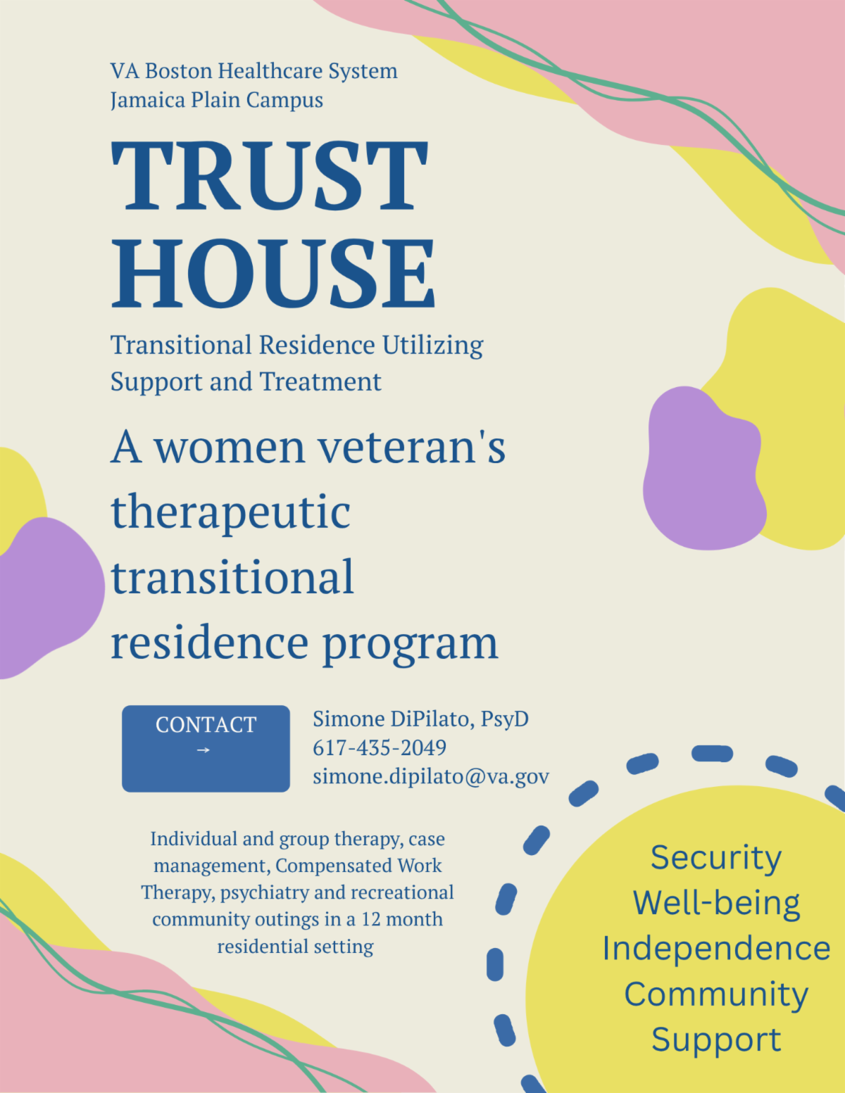 Flyer for **Trust House**, a VA Boston Healthcare System program at the Jamaica Plain Campus. It describes a therapeutic transitional residence for women veterans offering individual and group therapy, case management, compensated work therapy, psychiatry, recreational outings, and a 12-month residential setting. Contact: **Simone DiPilato, PsyD**, **617-435-2049**, **[simone.dipilato@va.gov](mailto:simone.dipilato@va.gov)**. Decorative pastel shapes surround the text, with the words **Security, Well-being, Independence, Community, Support** highlighted in a yellow circle.