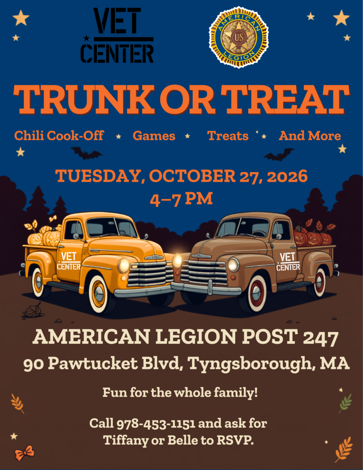 **Alt text:** Flyer for a Vet Center and American Legion Post 247 “Trunk or Treat” family event featuring a chili cook-off, games, treats, and more. The event is Tuesday, October 27, 2026, from 4:00–7:00 p.m. at American Legion Post 247, 90 Pawtucket Blvd., Tyngsborough, MA. The flyer says “Fun for the whole family!” To RSVP, call **978-453-1151** and ask for Tiffany or Belle. The Halloween-themed design features two vintage pickup trucks filled with pumpkins, along with bats, stars, and fall decorations.