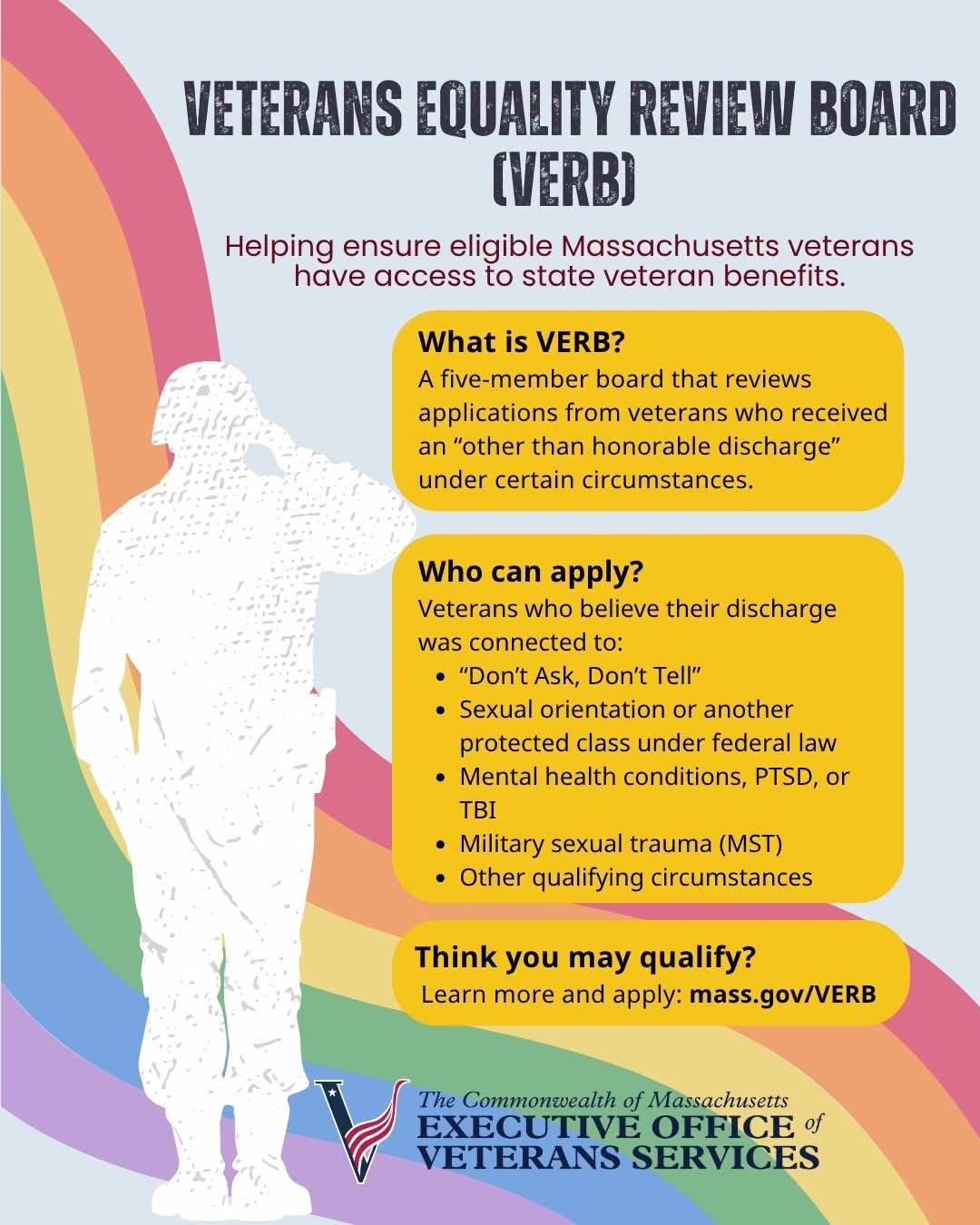 Colorful informational flyer from the Massachusetts Executive Office of Veterans Services promoting the Veterans Equality Review Board (VERB), which helps eligible Massachusetts veterans access state veterans benefits. The flyer explains that VERB is a five-member board that reviews applications from veterans who received an other-than-honorable discharge under certain circumstances. Veterans may qualify if their discharge was connected to the “Don’t Ask, Don’t Tell” policy, sexual orientation or another federally protected class, mental health conditions, post-traumatic stress disorder (PTSD), traumatic brain injury (TBI), military sexual trauma (MST), or other qualifying circumstances. The flyer features a white silhouette of a saluting service member against a rainbow-colored background, with information displayed in bright yellow boxes. The Massachusetts Executive Office of Veterans Services logo appears at the bottom.  For more information and to apply, visit: [https://www.mass.gov/VERB](https://www.mass.gov/VERB)