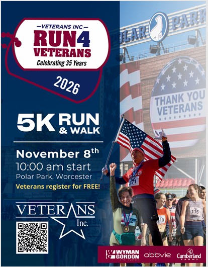 **Alt text:** Flyer for Veterans Inc.’s 2026 Run4Veterans 5K Run & Walk, celebrating 35 years. The event takes place November 8, 2026, with a 10:00 a.m. start at Polar Park in Worcester, Massachusetts. Veterans register for free. The flyer features runners carrying American flags outside Polar Park and includes Veterans Inc. and sponsor logos. Register using the QR code or visit **[https://www.veteransinc.org/events/run4veterans/](https://www.veteransinc.org/events/run4veterans/)**.