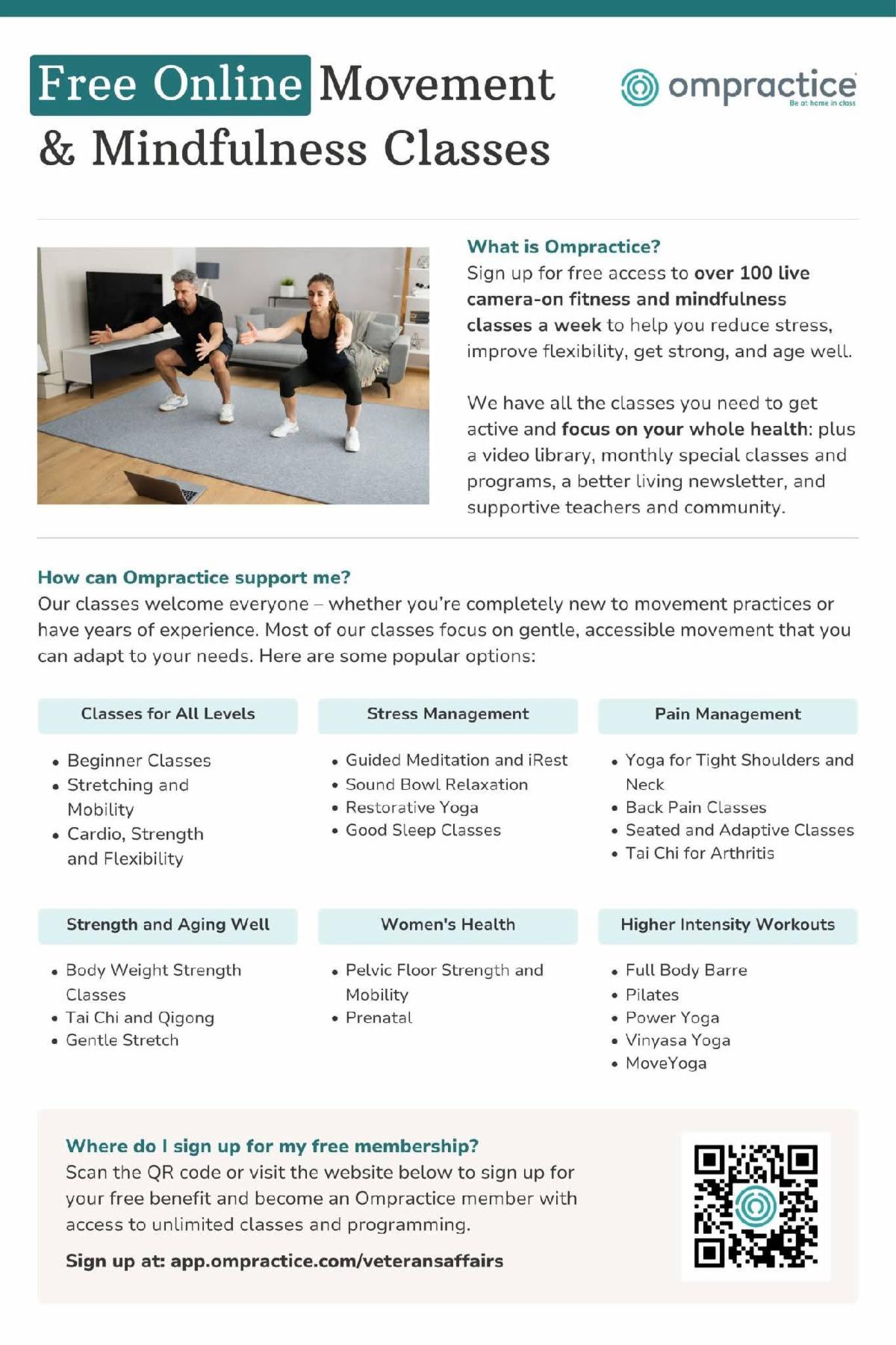 Flyer from Ompractice promoting **free online movement and mindfulness classes**. It offers more than 100 live, camera-on classes each week to support stress reduction, flexibility, strength, pain management, women’s health, healthy aging, and overall well-being. Class options include beginner fitness, stretching, cardio, meditation, restorative yoga, sleep classes, adaptive movement, tai chi, Pilates, barre, and higher-intensity workouts. A photo shows a man and woman exercising at home in front of a laptop. Veterans can sign up by scanning the QR code or visiting **app.ompractice.com/veteransaffairs**.
