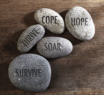 pebbles or stone with inspirational text hope_ cope_ survive_ thrive and soar text on a zen stones