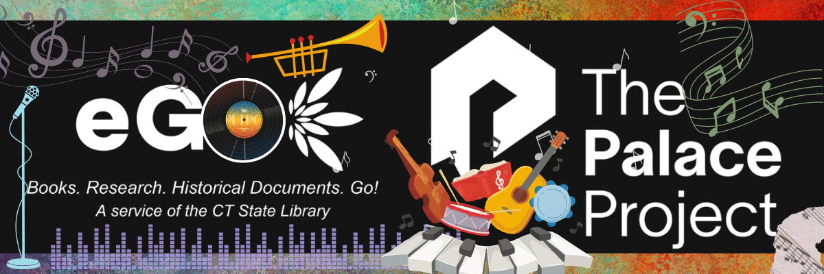 eGO CT and Palace Project and logos in white against a black background surrounded by music-related images including a trumpet, piano keyboard, drums, microphone and musical notes.